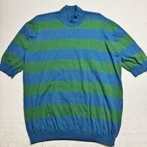 6397 Half  Sleeve Cotton, Silk, Nylon Blend Sweater In Blue Green Stripe Sz: L